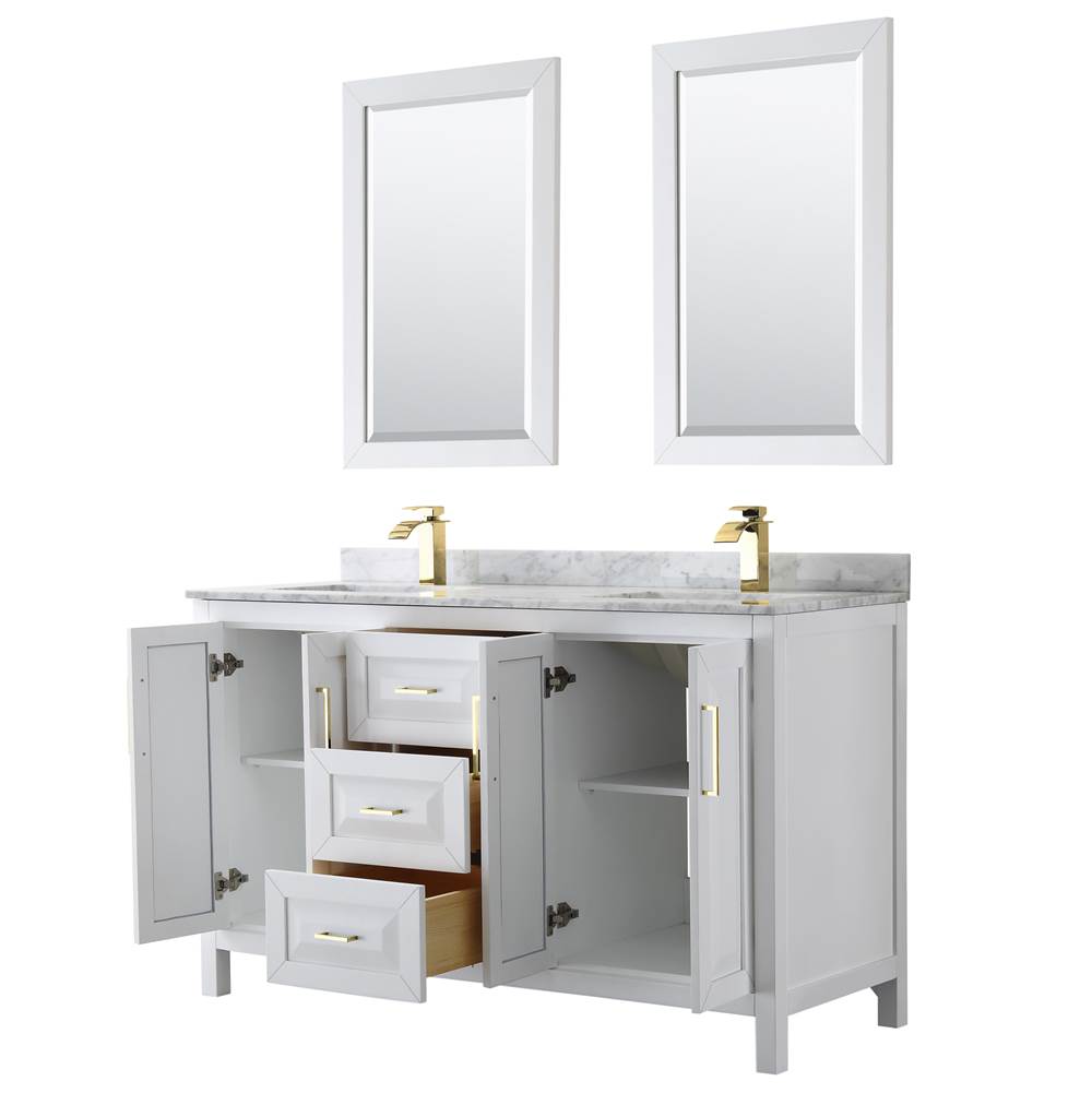 Daria 60 Inch Double Bathroom Vanity in White, White Carrara Marble Countertop, Undermount Square Sinks, 24 Inch Mirrors, Brushed Gold Trim