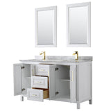 Daria 60 Inch Double Bathroom Vanity in White, White Carrara Marble Countertop, Undermount Square Sinks, 24 Inch Mirrors, Brushed Gold Trim