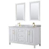 Wyndham Collection - Daria 60 Inch Double Bathroom Vanity in White, White Carrara Marble Countertop, Undermount Square Sinks, 24 Inch Mirrors, Brushed Gold Trim