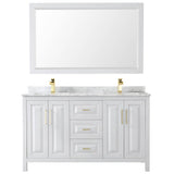 Daria 60 Inch Double Bathroom Vanity in White, White Carrara Marble Countertop, Undermount Square Sinks, 58 Inch Mirror, Brushed Gold Trim