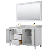 Daria 60 Inch Double Bathroom Vanity in White, White Carrara Marble Countertop, Undermount Square Sinks, 58 Inch Mirror, Brushed Gold Trim