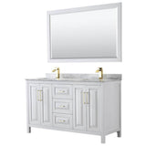 Wyndham Collection - Daria 60 Inch Double Bathroom Vanity in White, White Carrara Marble Countertop, Undermount Square Sinks, 58 Inch Mirror, Brushed Gold Trim