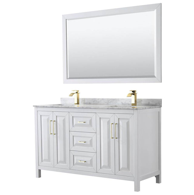 Wyndham Collection - Daria 60 Inch Double Bathroom Vanity in White, White Carrara Marble Countertop, Undermount Square Sinks, 58 Inch Mirror, Brushed Gold Trim