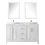Daria 60 Inch Double Bathroom Vanity in White, White Carrara Marble Countertop, Undermount Square Sinks, Medicine Cabinets, Brushed Gold Trim