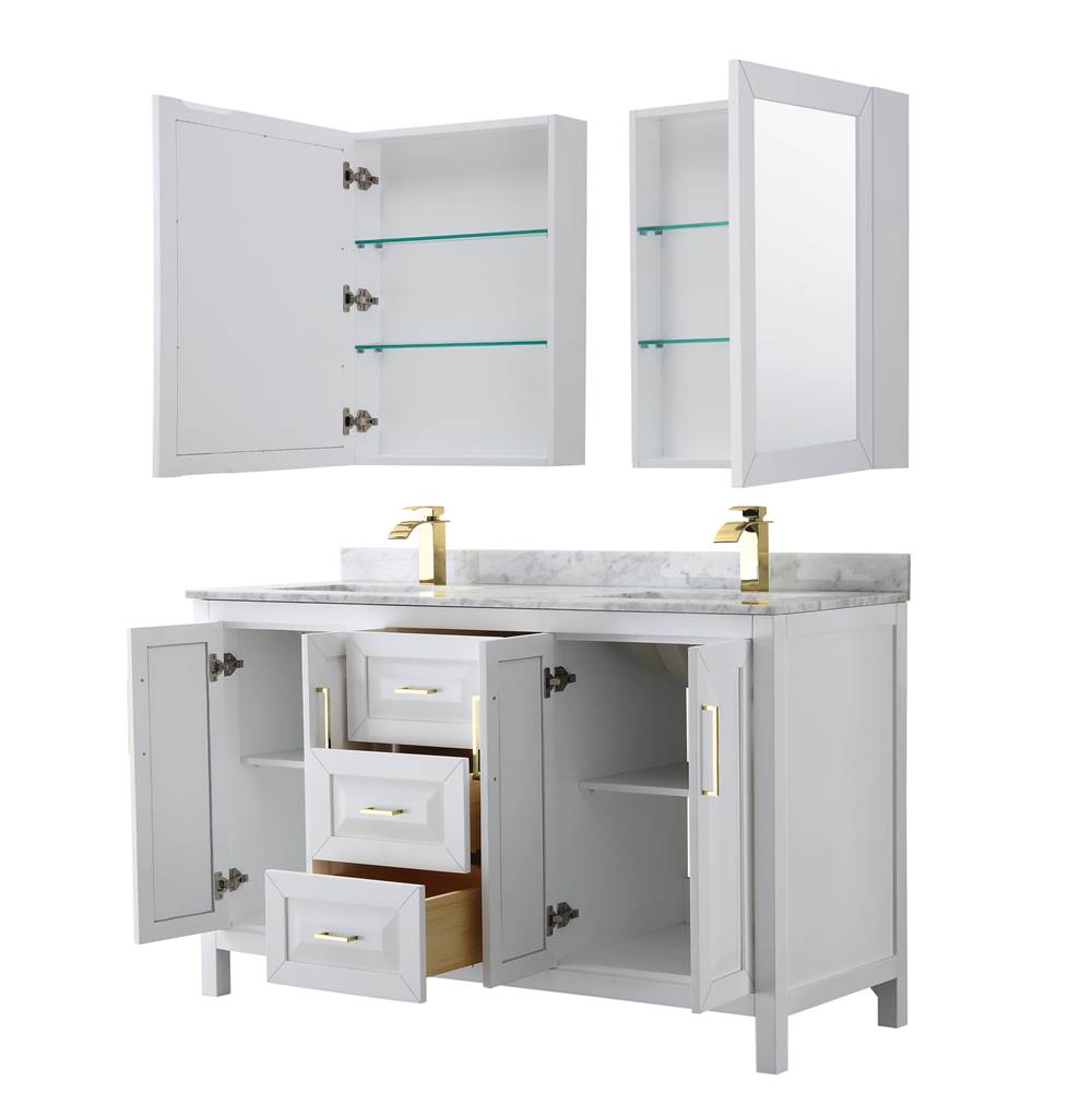 Daria 60 Inch Double Bathroom Vanity in White, White Carrara Marble Countertop, Undermount Square Sinks, Medicine Cabinets, Brushed Gold Trim