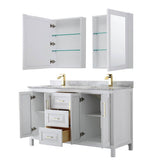 Daria 60 Inch Double Bathroom Vanity in White, White Carrara Marble Countertop, Undermount Square Sinks, Medicine Cabinets, Brushed Gold Trim