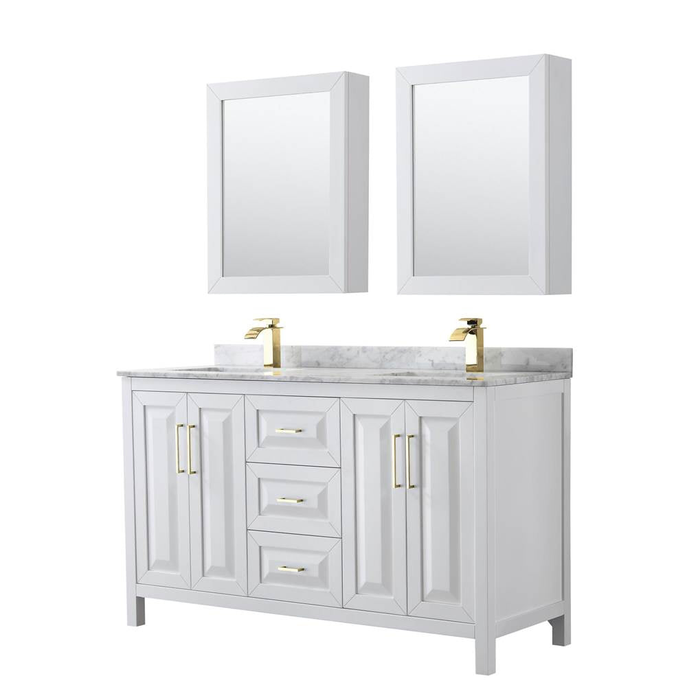 Wyndham Collection - Daria 60 Inch Double Bathroom Vanity in White, White Carrara Marble Countertop, Undermount Square Sinks, Medicine Cabinets, Brushed Gold Trim