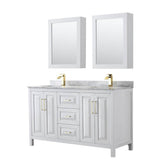 Wyndham Collection - Daria 60 Inch Double Bathroom Vanity in White, White Carrara Marble Countertop, Undermount Square Sinks, Medicine Cabinets, Brushed Gold Trim