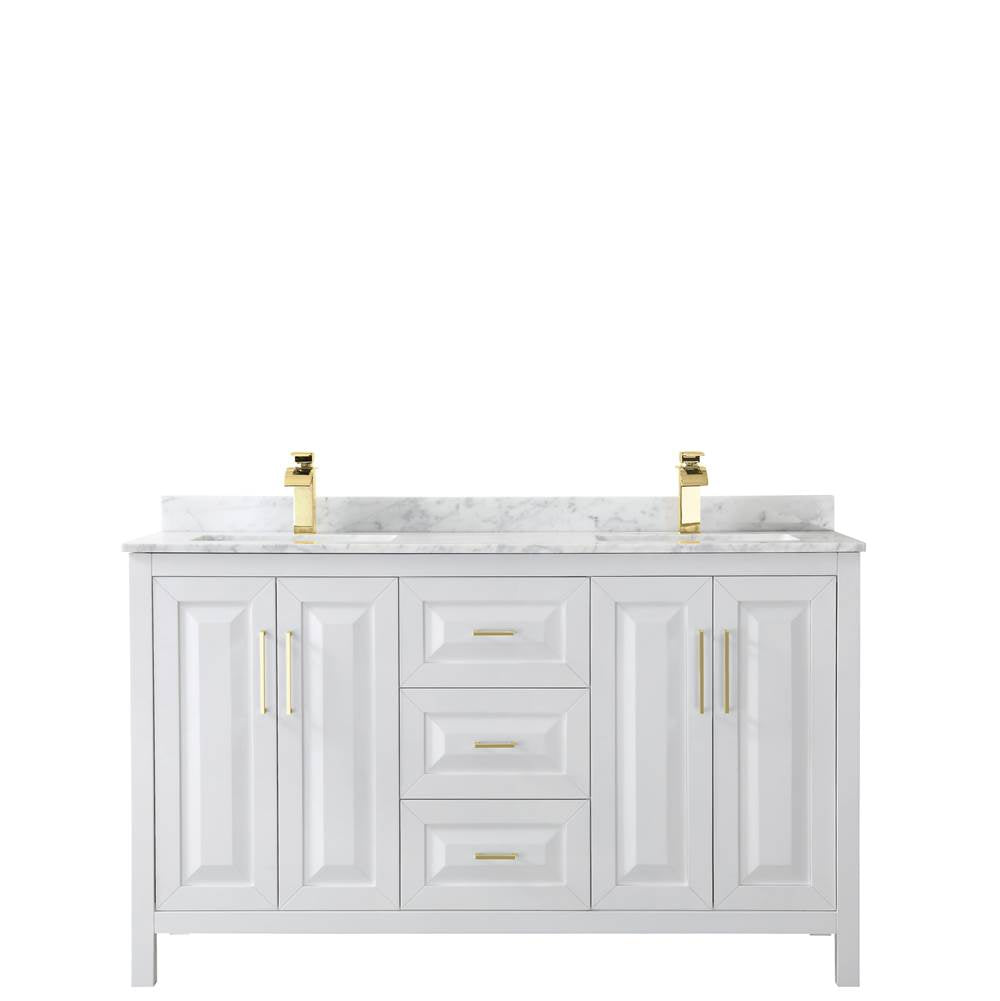 Daria 60 Inch Double Bathroom Vanity in White, White Carrara Marble Countertop, Undermount Square Sinks, Brushed Gold Trim