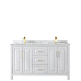 Daria 60 Inch Double Bathroom Vanity in White, White Carrara Marble Countertop, Undermount Square Sinks, Brushed Gold Trim