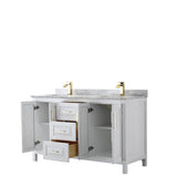 Daria 60 Inch Double Bathroom Vanity in White, White Carrara Marble Countertop, Undermount Square Sinks, Brushed Gold Trim