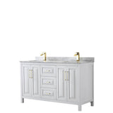 Wyndham Collection - Daria 60 Inch Double Bathroom Vanity in White, White Carrara Marble Countertop, Undermount Square Sinks, Brushed Gold Trim