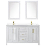 Daria 60 Inch Double Bathroom Vanity in White, White Cultured Marble Countertop, Undermount Square Sinks, 24 Inch Mirrors, Brushed Gold Trim