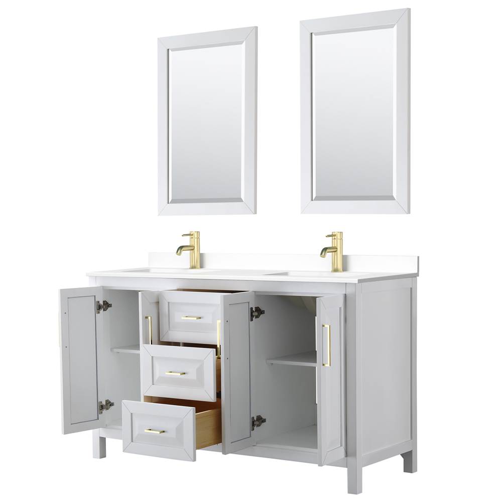 Daria 60 Inch Double Bathroom Vanity in White, White Cultured Marble Countertop, Undermount Square Sinks, 24 Inch Mirrors, Brushed Gold Trim