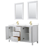 Daria 60 Inch Double Bathroom Vanity in White, White Cultured Marble Countertop, Undermount Square Sinks, 24 Inch Mirrors, Brushed Gold Trim