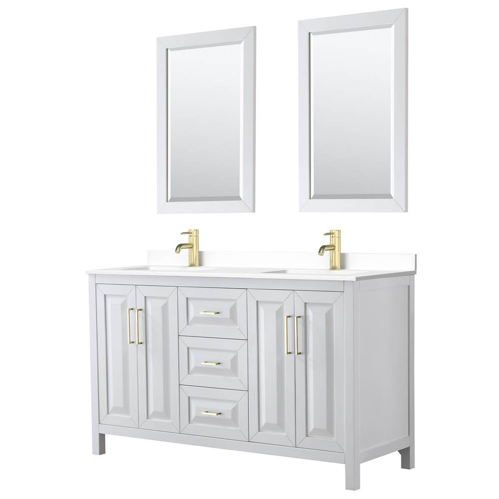 Wyndham Collection - Daria 60 Inch Double Bathroom Vanity in White, White Cultured Marble Countertop, Undermount Square Sinks, 24 Inch Mirrors, Brushed Gold Trim
