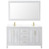 Daria 60 Inch Double Bathroom Vanity in White, White Cultured Marble Countertop, Undermount Square Sinks, 58 Inch Mirror, Brushed Gold Trim