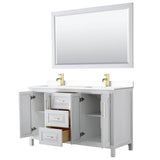 Daria 60 Inch Double Bathroom Vanity in White, White Cultured Marble Countertop, Undermount Square Sinks, 58 Inch Mirror, Brushed Gold Trim