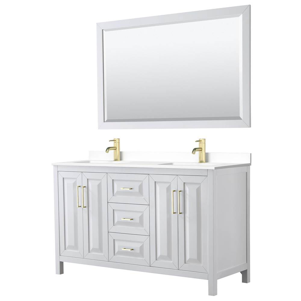 Wyndham Collection - Daria 60 Inch Double Bathroom Vanity in White, White Cultured Marble Countertop, Undermount Square Sinks, 58 Inch Mirror, Brushed Gold Trim