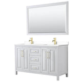 Wyndham Collection - Daria 60 Inch Double Bathroom Vanity in White, White Cultured Marble Countertop, Undermount Square Sinks, 58 Inch Mirror, Brushed Gold Trim