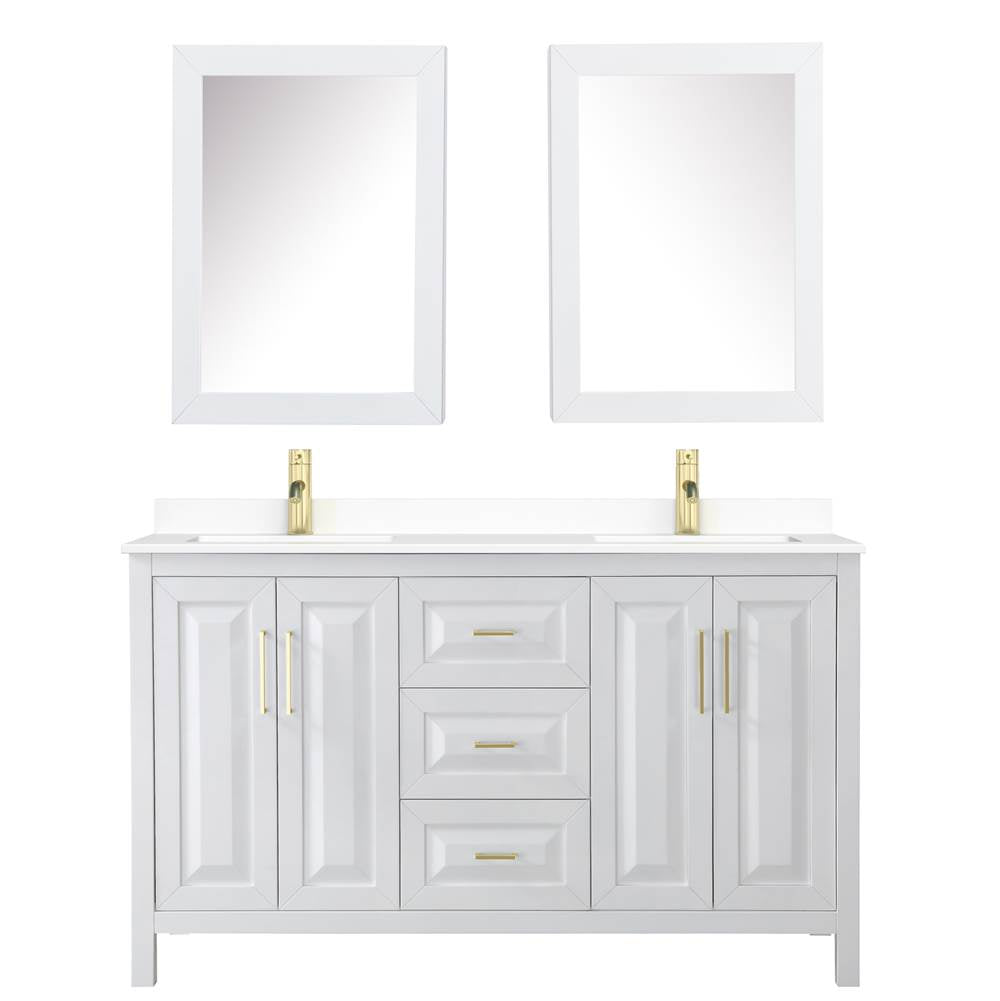 Daria 60 Inch Double Bathroom Vanity in White, White Cultured Marble Countertop, Undermount Square Sinks, Medicine Cabinets, Brushed Gold Trim
