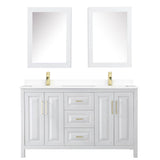 Daria 60 Inch Double Bathroom Vanity in White, White Cultured Marble Countertop, Undermount Square Sinks, Medicine Cabinets, Brushed Gold Trim