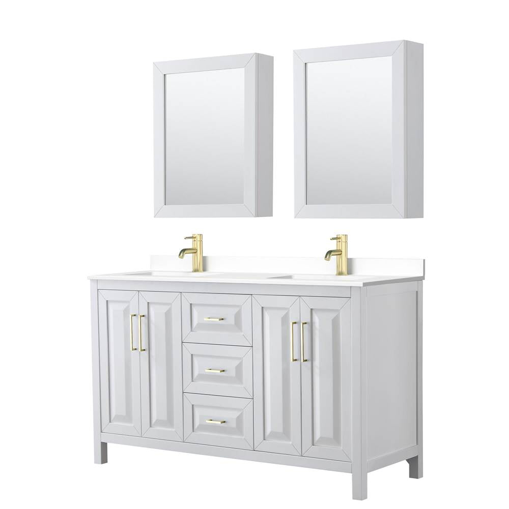 Wyndham Collection - Daria 60 Inch Double Bathroom Vanity in White, White Cultured Marble Countertop, Undermount Square Sinks, Medicine Cabinets, Brushed Gold Trim