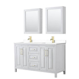 Wyndham Collection - Daria 60 Inch Double Bathroom Vanity in White, White Cultured Marble Countertop, Undermount Square Sinks, Medicine Cabinets, Brushed Gold Trim