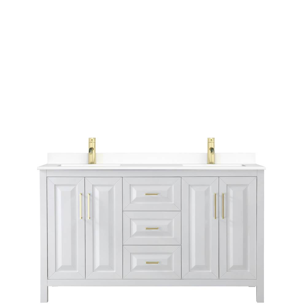 Daria 60 Inch Double Bathroom Vanity in White, White Cultured Marble Countertop, Undermount Square Sinks, Brushed Gold Trim