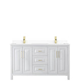 Daria 60 Inch Double Bathroom Vanity in White, White Cultured Marble Countertop, Undermount Square Sinks, Brushed Gold Trim