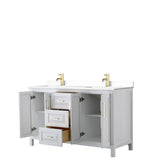 Daria 60 Inch Double Bathroom Vanity in White, White Cultured Marble Countertop, Undermount Square Sinks, Brushed Gold Trim