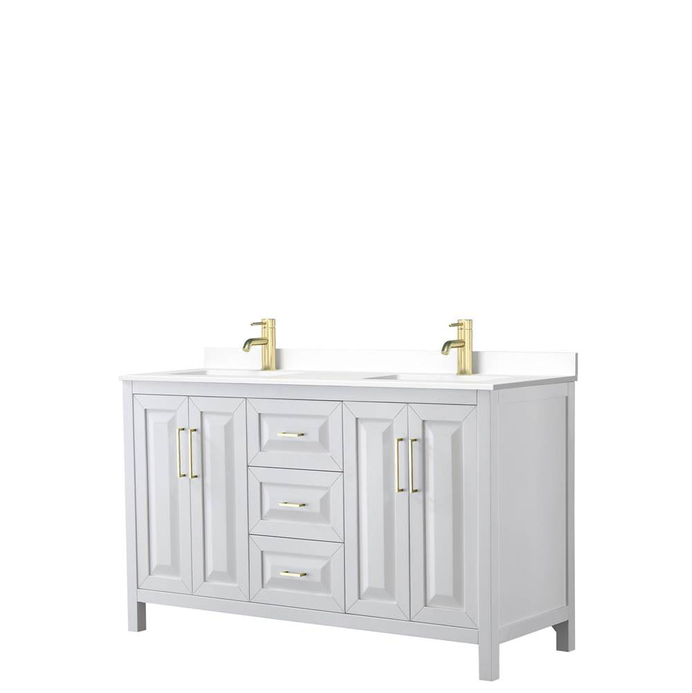 Wyndham Collection - Daria 60 Inch Double Bathroom Vanity in White, White Cultured Marble Countertop, Undermount Square Sinks, Brushed Gold Trim