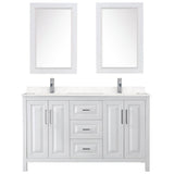 Daria 60 Inch Double Bathroom Vanity in White, Carrara Cultured Marble Countertop, Undermount Square Sinks, 24 Inch Mirrors