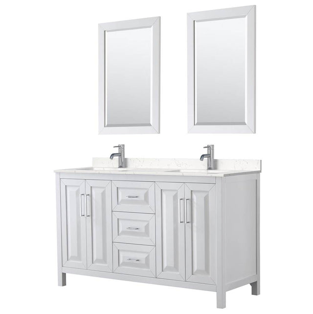 Wyndham Collection - Daria 60 Inch Double Bathroom Vanity in White, Carrara Cultured Marble Countertop, Undermount Square Sinks, 24 Inch Mirrors