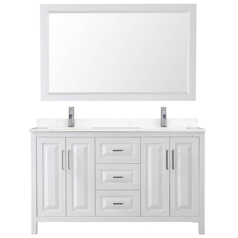 Daria 60 Inch Double Bathroom Vanity in White, Carrara Cultured Marble Countertop, Undermount Square Sinks, 58 Inch Mirror