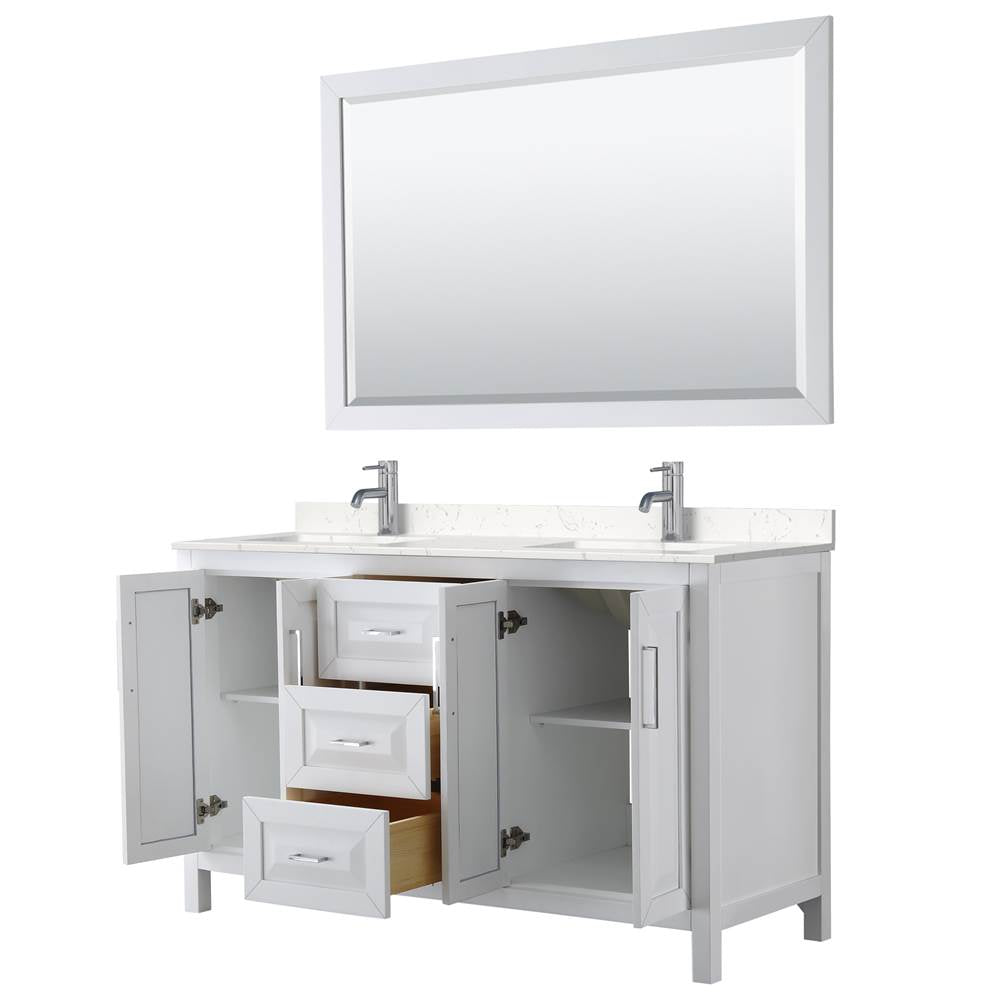 Daria 60 Inch Double Bathroom Vanity in White, Carrara Cultured Marble Countertop, Undermount Square Sinks, 58 Inch Mirror