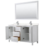Daria 60 Inch Double Bathroom Vanity in White, Carrara Cultured Marble Countertop, Undermount Square Sinks, 58 Inch Mirror