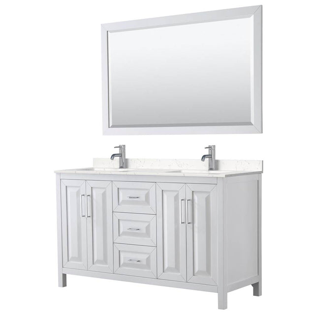 Wyndham Collection - Daria 60 Inch Double Bathroom Vanity in White, Carrara Cultured Marble Countertop, Undermount Square Sinks, 58 Inch Mirror