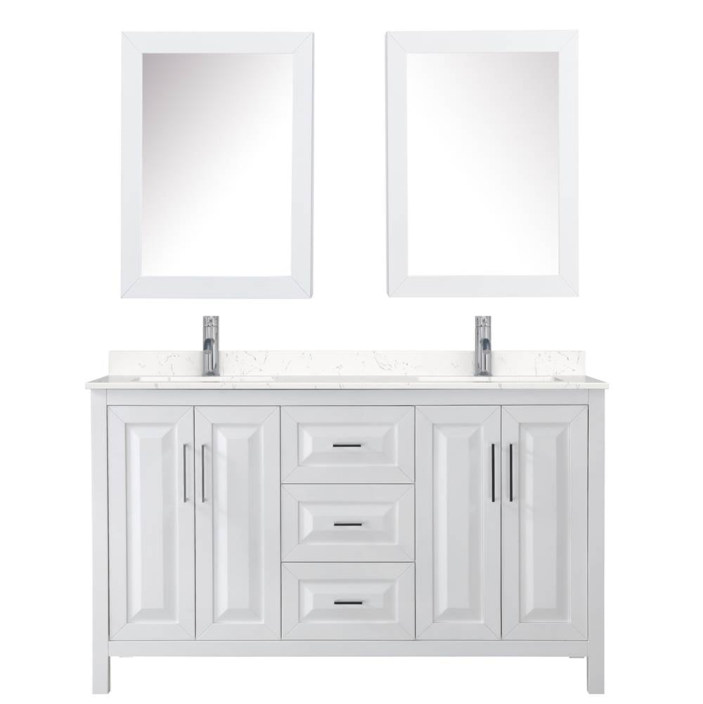 Daria 60 Inch Double Bathroom Vanity in White, Carrara Cultured Marble Countertop, Undermount Square Sinks, Medicine Cabinets