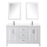 Daria 60 Inch Double Bathroom Vanity in White, Carrara Cultured Marble Countertop, Undermount Square Sinks, Medicine Cabinets