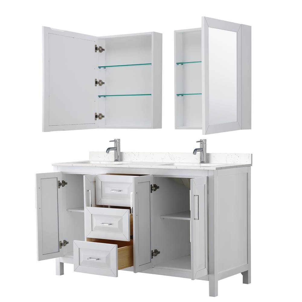 Daria 60 Inch Double Bathroom Vanity in White, Carrara Cultured Marble Countertop, Undermount Square Sinks, Medicine Cabinets