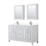 Wyndham Collection - Daria 60 Inch Double Bathroom Vanity in White, Carrara Cultured Marble Countertop, Undermount Square Sinks, Medicine Cabinets
