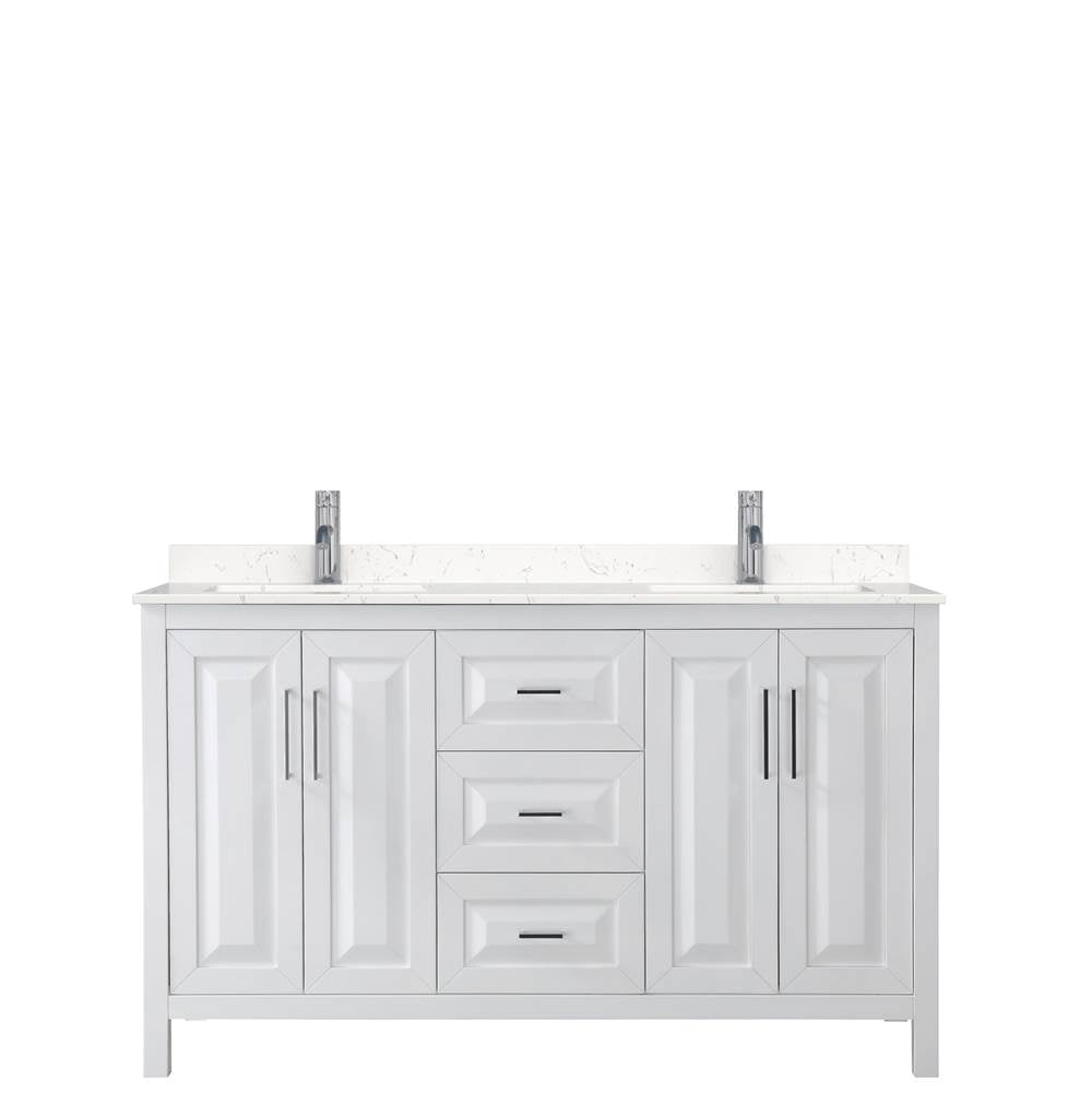 Daria 60 Inch Double Bathroom Vanity in White, Carrara Cultured Marble Countertop, Undermount Square Sinks, No Mirror