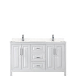 Daria 60 Inch Double Bathroom Vanity in White, Carrara Cultured Marble Countertop, Undermount Square Sinks, No Mirror