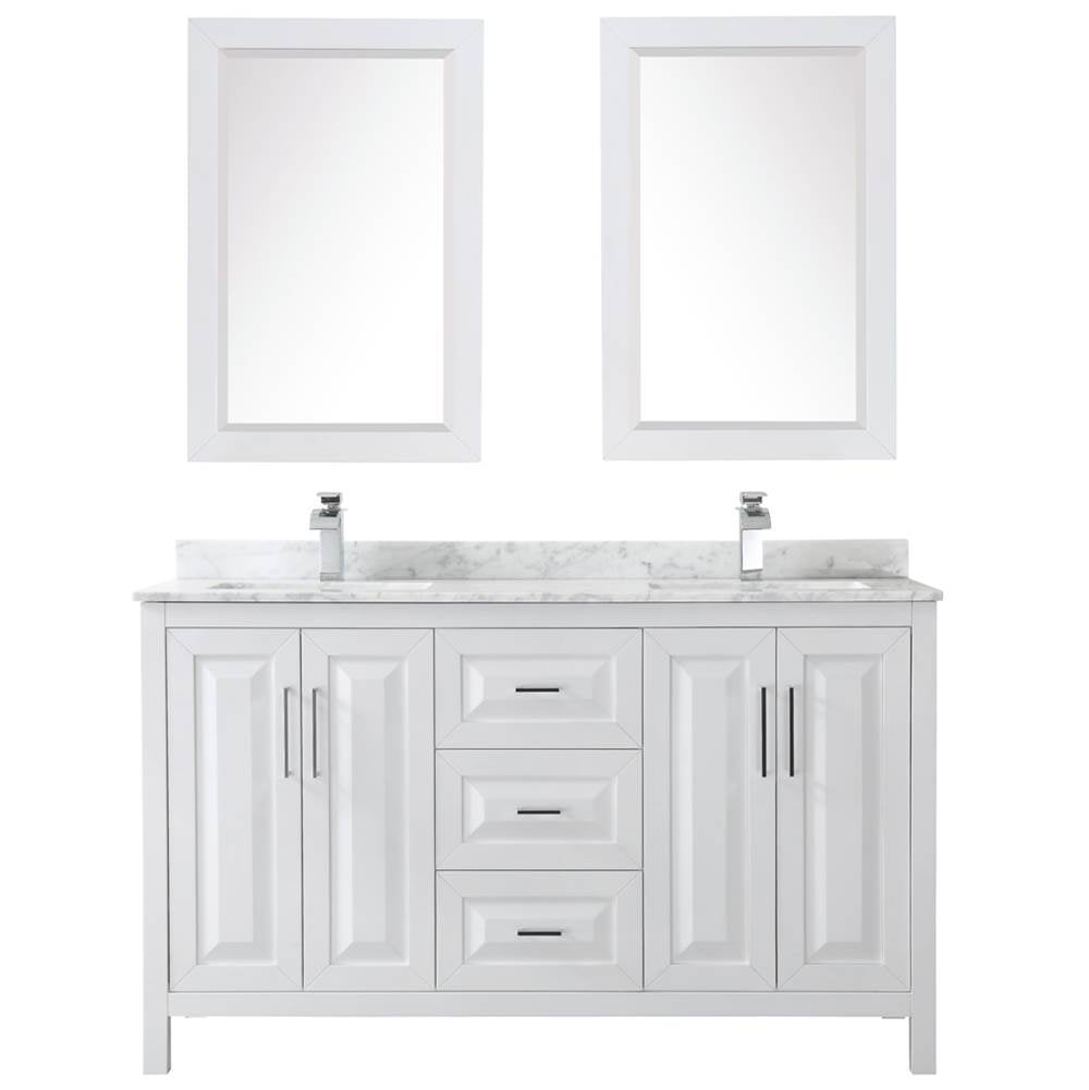 Daria 60 Inch Double Bathroom Vanity in Dark Blue, White Carrara Marble Countertop, Undermount Square Sinks, 24 Inch Mirrors