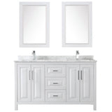 Daria 60 Inch Double Bathroom Vanity in Dark Blue, White Carrara Marble Countertop, Undermount Square Sinks, 24 Inch Mirrors