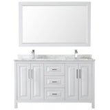 Daria 60 Inch Double Bathroom Vanity in Dark Blue, White Carrara Marble Countertop, Undermount Square Sinks, 58 Inch Mirror