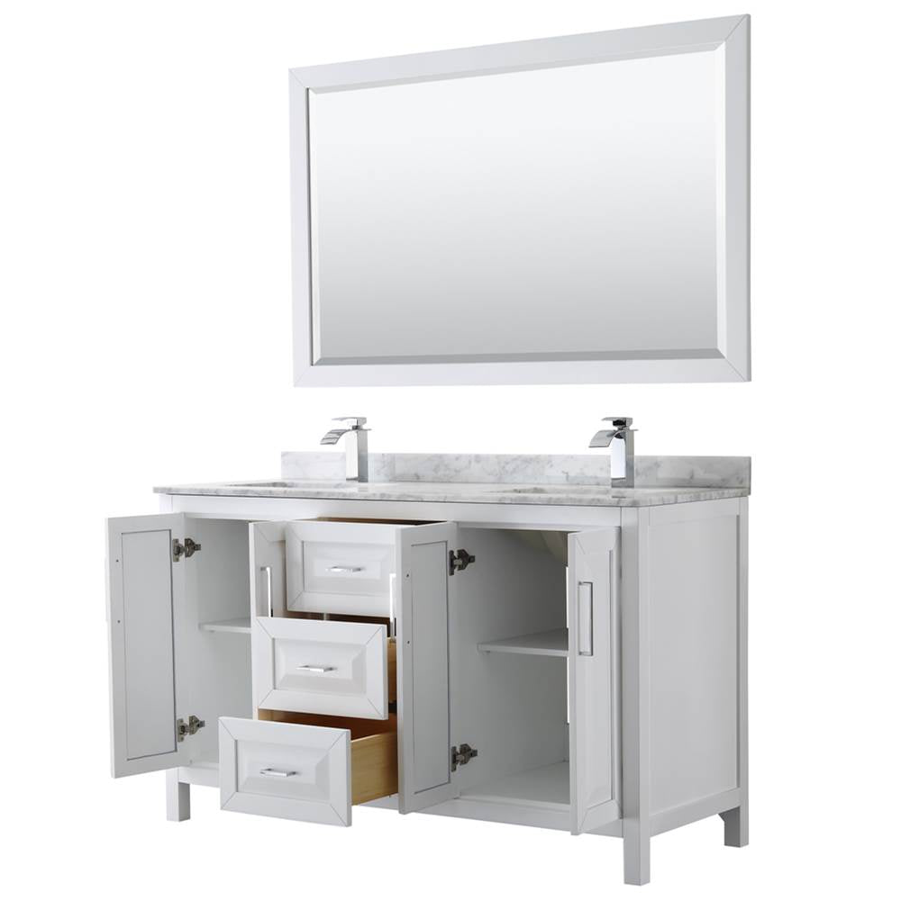 Daria 60 Inch Double Bathroom Vanity in Dark Blue, White Carrara Marble Countertop, Undermount Square Sinks, 58 Inch Mirror