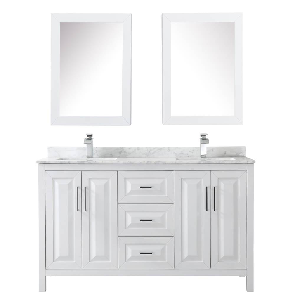 Daria 60 Inch Double Bathroom Vanity in Dark Blue, White Carrara Marble Countertop, Undermount Square Sinks, Medicine Cabinets