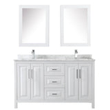 Daria 60 Inch Double Bathroom Vanity in Dark Blue, White Carrara Marble Countertop, Undermount Square Sinks, Medicine Cabinets